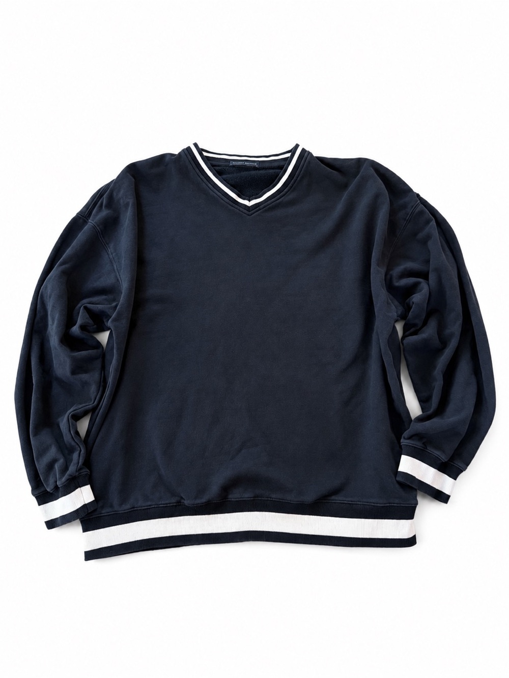 Brandy Melville Navy V-Neck Sweater with White Stripe Trim